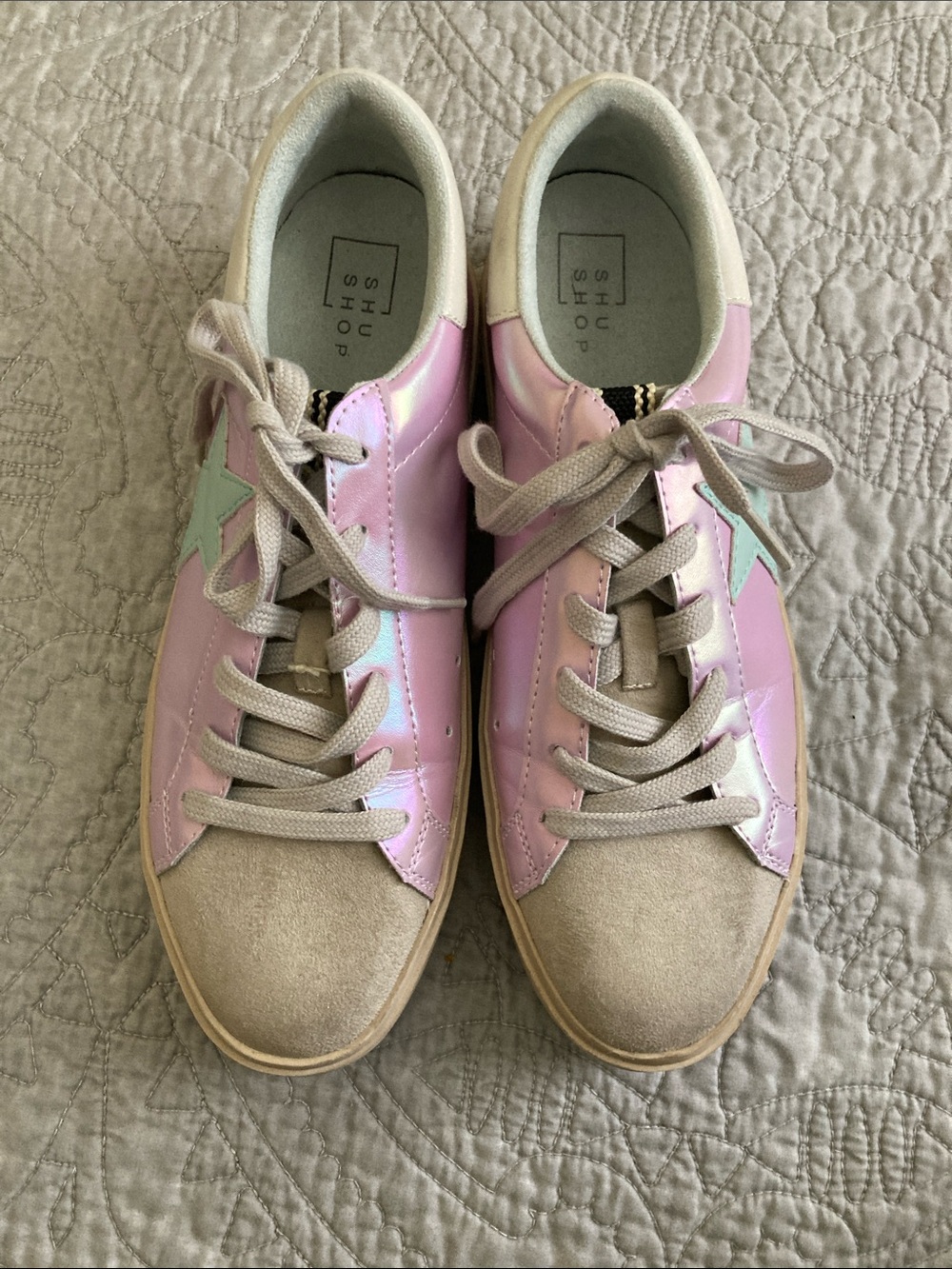 ShuShop Pink Iridescent Low-Top Sneakers with Mint Star Accent